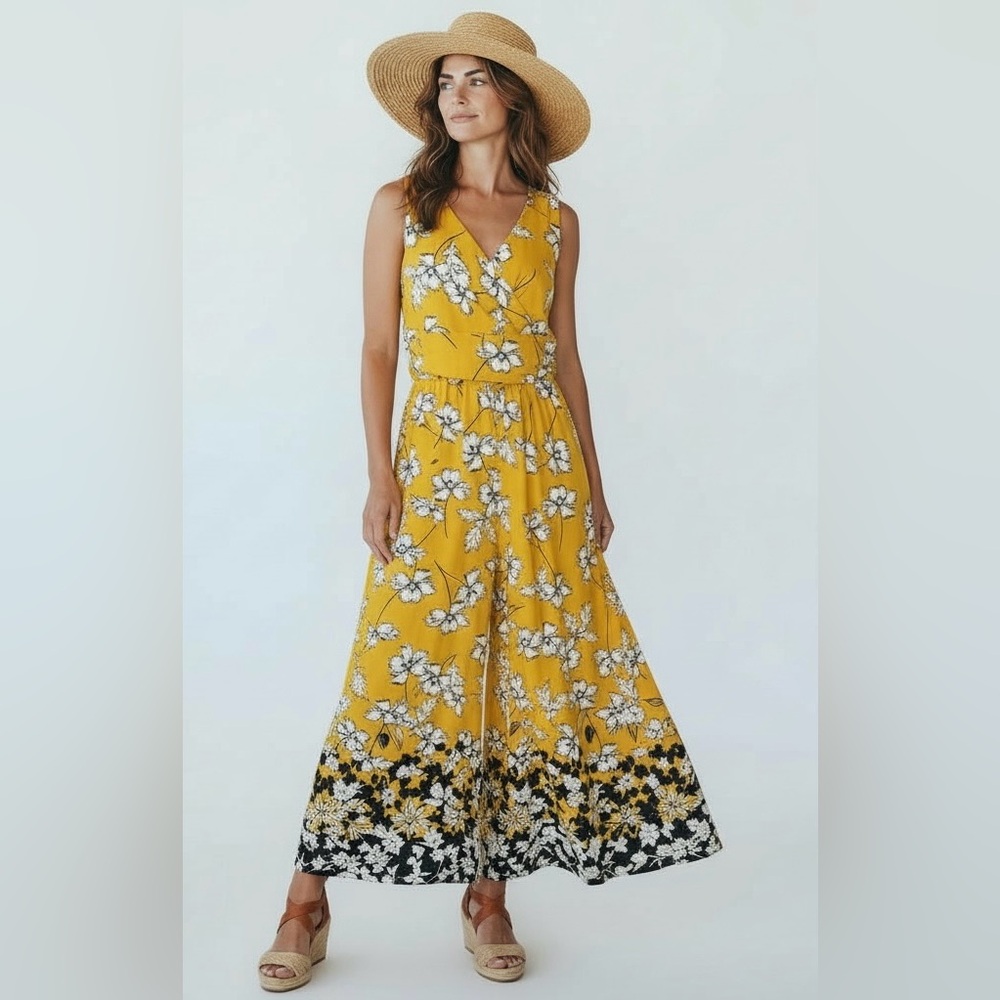 Chaps Yellow Floral V-Neck Maxi Dress